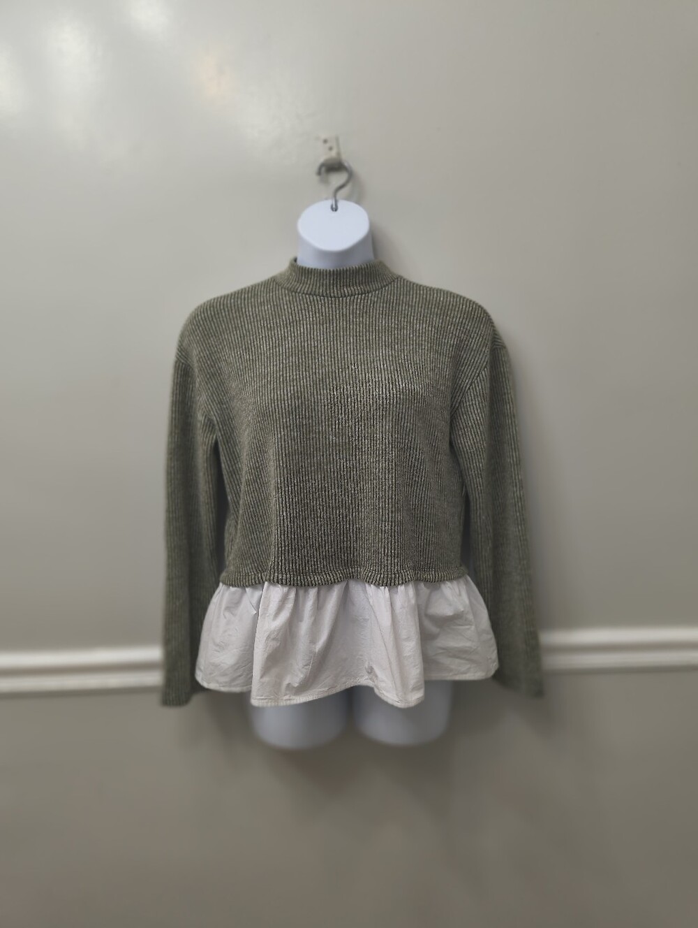 Anthropologie Maeve Long Sleeve Bow-Back Twofer Peplum Top Green White L Earthy